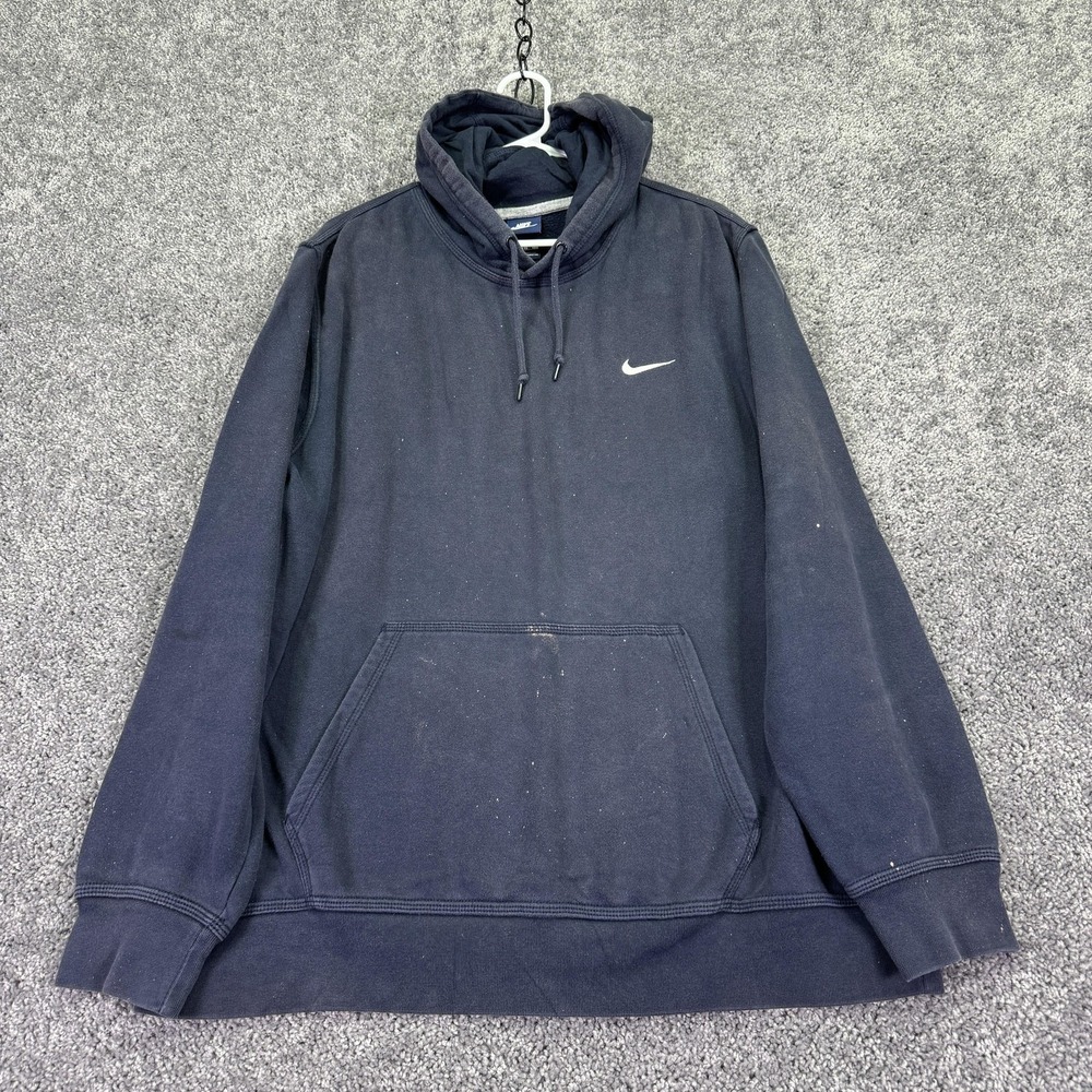 Nike Hoodie Mens 2XL Blue Black Fleece Pullover Small Swoosh Logo Casual